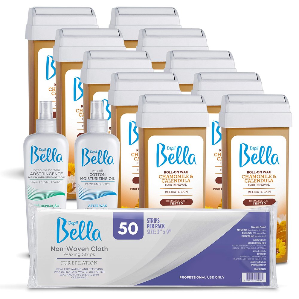 Depil Bella Brazilian Roll On Wax Chamomile and Calendula Depilatory | Body Waxing, Hair Removal Wax-Cartridge | For Men and Women | Home Self Waxing | Sensitive Skin | Painless (10 PACK + ADD)