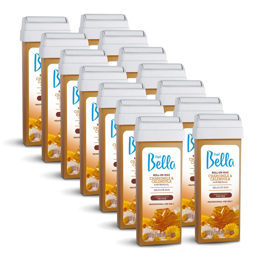 Depil Bella Brazilian Roll On Wax Chamomile and Calendula Depilatory | Body Waxing, Hair Removal Wax-Cartridge | For Men and Women | Home Self Waxing | Sensitive Skin | Painless (14 PACK)