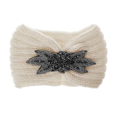 JKPOWER Women Sequin Knitted Hairband Flower Rhinestone Beaded Ear Warmer Wide Head Wrap Hair Band Milky White