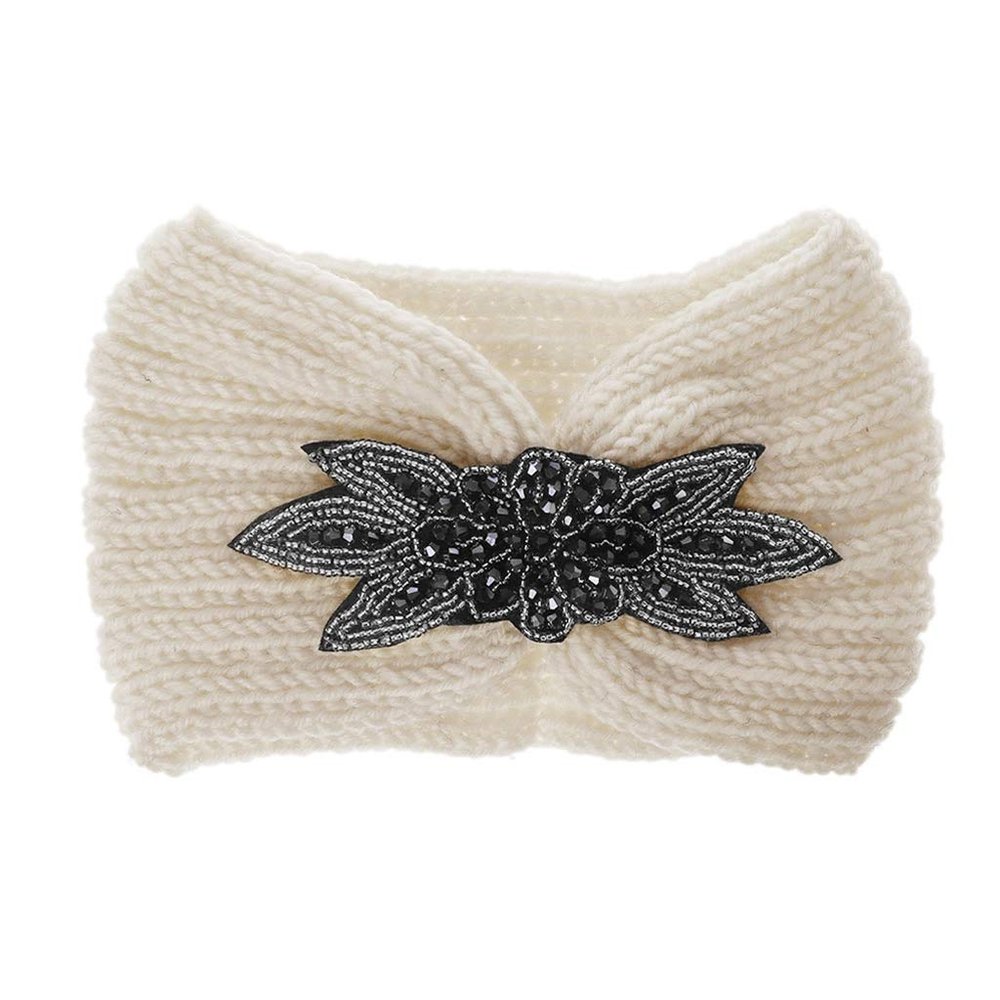 JKPOWER Women Sequin Knitted Hairband Flower Rhinestone Beaded Ear Warmer Wide Head Wrap Hair Band Milky White