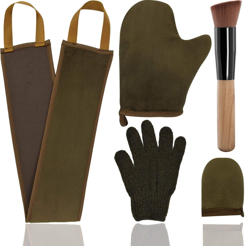 5-Piece Self Tanning Mitt Set with Tan Applicator Mitts, Face Mitt, Exfoliating Glove, for Bronze Tan