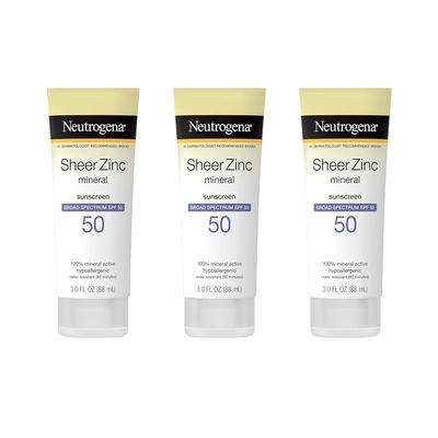 Neutrogena Mineral Sunscreen Sheer Zinc Oxide Dry-Touch Lotion, Broad Spectrum Sunblock SPF 50, Water Resistant Sunscreen For Sensitive Skin, 3 fl. oz, 3 Pack
