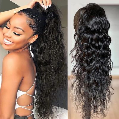 100% Human Hair Drawstring Ponytail Extension Water Wave for Women Natural Black Brazilian 10A Hair Clip in Corn Wave Ponytail Hairpiece 20 Inch