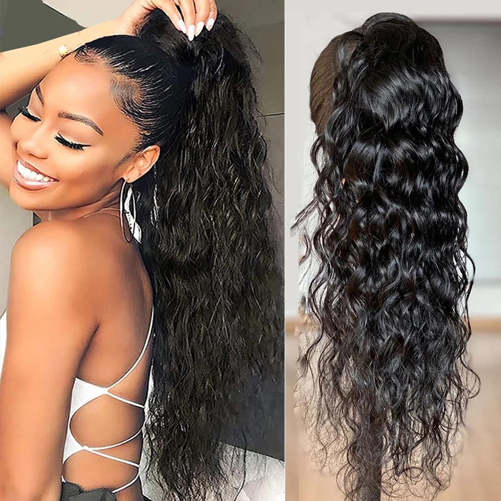 100% Human Hair Drawstring Ponytail Extension Water Wave for Women Natural Black Brazilian 10A Hair Clip in Corn Wave Ponytail Hairpiece 20 Inch