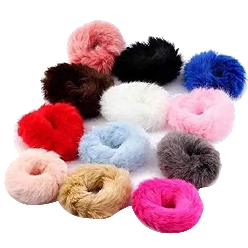 Fluffy Soft Fur Elastic Multicolour Hair Rubber Bands for Kids Girls Women Pack of 12