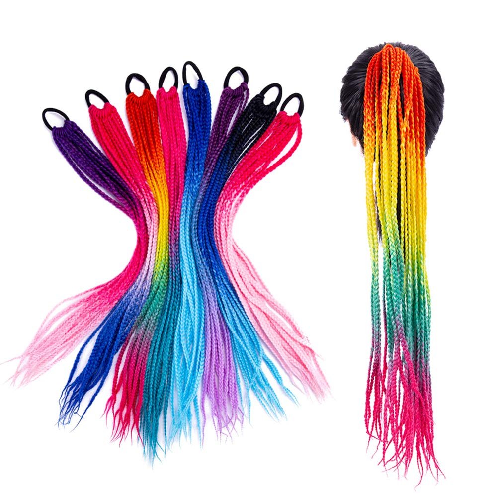 12 Strands/Pcs Ponytail With Rubber Band Ring Braiding Hair Extensions 24" Ombre Colorful Pink Blue Synthetic Box Braid Ponytail 4PC D3#
