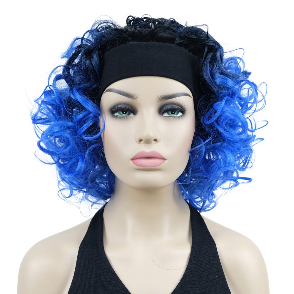Lydell 12" Super Curly Wigs Ombre Black Blue Hair Synthetic Headband Wigs (1+BLUE)