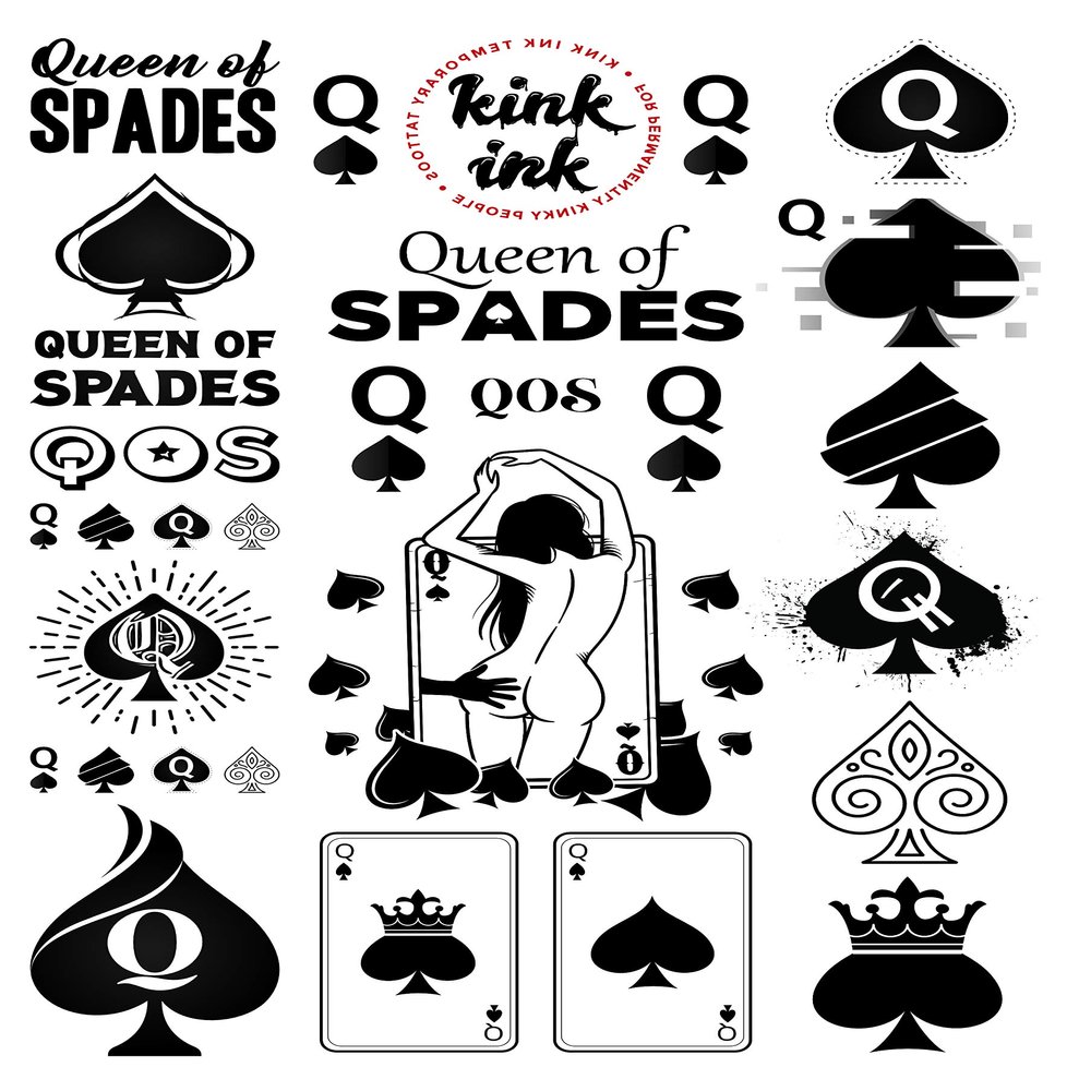 Kink Ink - 23 x Queen of Spades Temporary Tattoo Kinky Black Lettering A4 Sheet