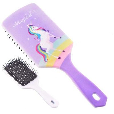 Purple Magical Unicorn Mane and Tail Brush. Measures 3" wide x 9" long.