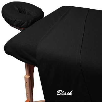 100% Egyptian Cotton 1000 Thread-Count Happy Hand Massage (3-Piece) Massage Table Spa Sheet Set Fit up to 5-7" Inch Deep Table Fitted Color (Black Solid)