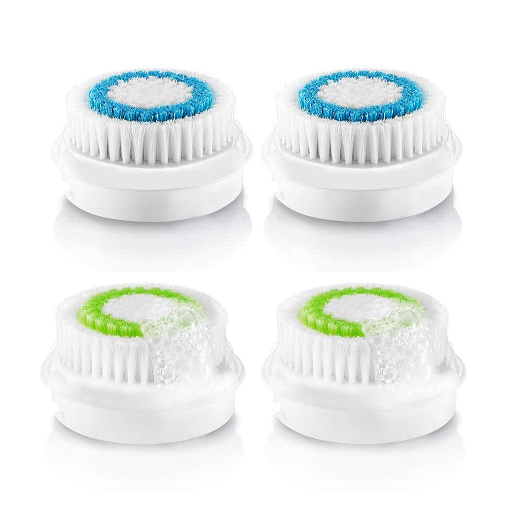 Facial Cleansing Brush Head Replacement, Facial Cleansing Brush Head, Exfoliator Facial Brush Heads, for Acne Prone, Clogged and Enlarged Pores Sensitive Skins (4Pack/Blue+Green)
