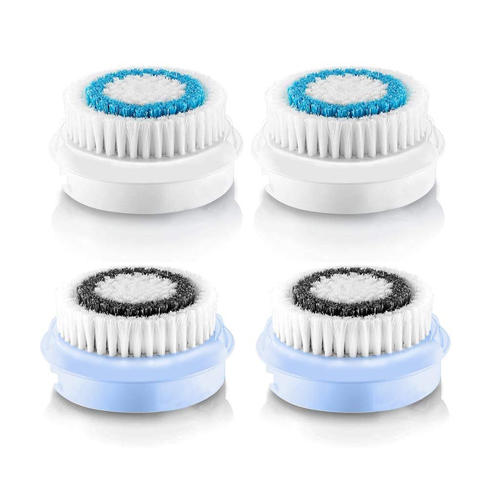 Replacement Facial Cleansing Brush Heads, Facial Cleansing Brush Head, Exfoliator Facial Brush Heads, for Acne Prone, Clogged, Enlarged Pore, Deep Pore Sensitive Skins (4Pack/Blue+Black)