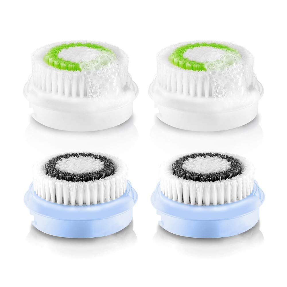 Facial Cleansing Brush Head Replacement, Exfoliator Facial Brush Heads, for Acne Prone, Clogged, Enlarged Pore, Deep Pore Sensitive Skins (4 Pack/Green+Black)