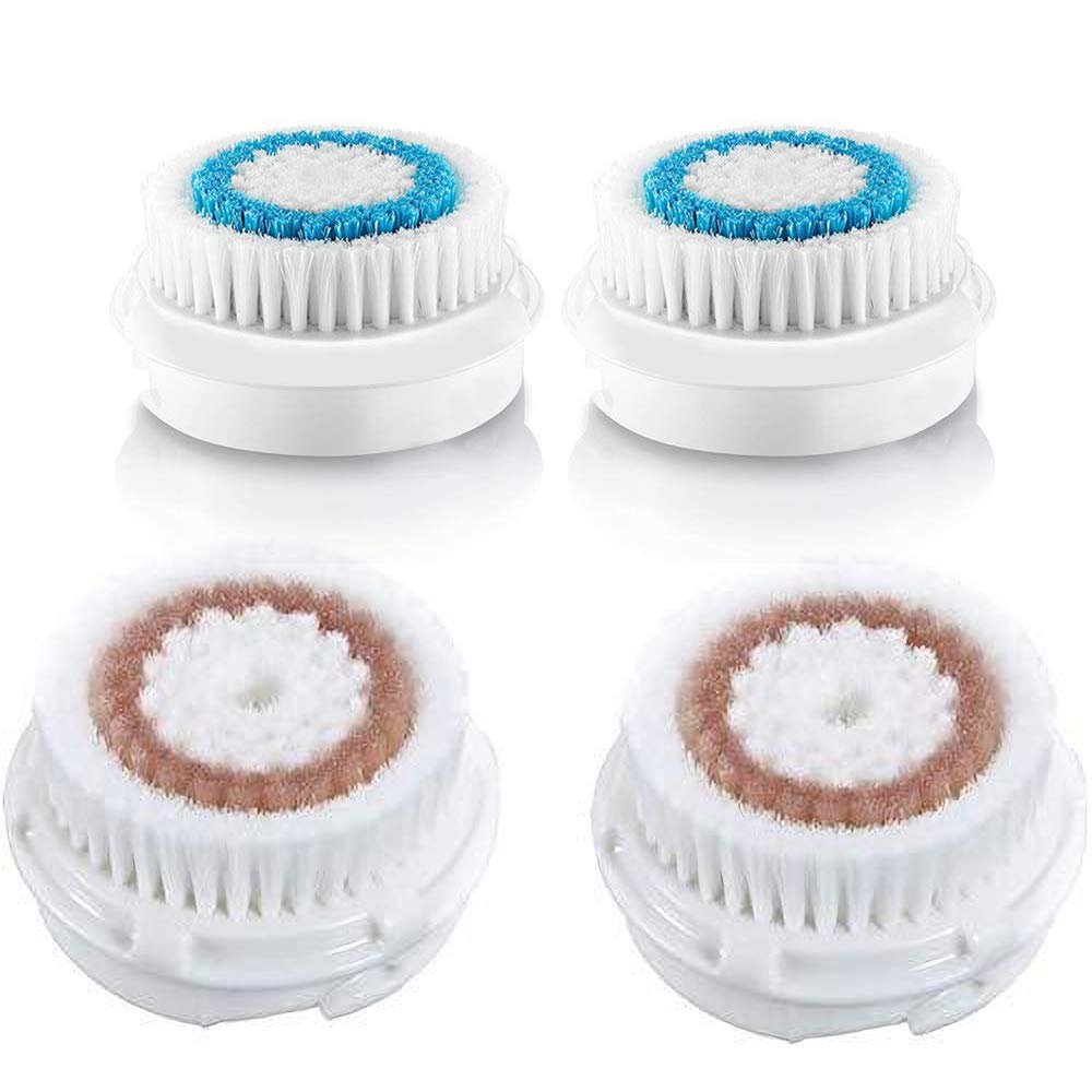 Facial Cleansing Brush Head Replacement, Exfoliator Whitening Facial Brush Heads, for Acne Prone, Clogged, Enlarged Pore, Deep Pore Radiance Sensitive Skins (4Pack/Blue+Brown)