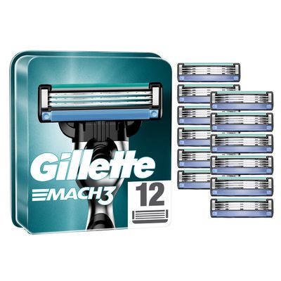 Gillette Mach3 Razor Blades Men, Pack of 12 Razor Blade Refills, Stronger Than Steel Blades, Enhanced Lubrastrip