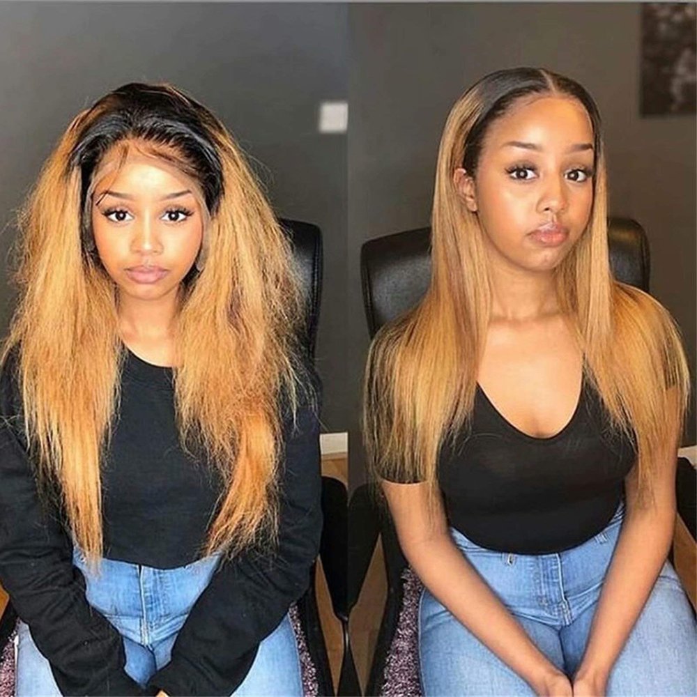 13x6 HD Lace Front Wig Ombre Highlight 1B/27 Colored Human Hair Straight Natural Hairline Brazilian Virgin Human Hair Wigs With Baby Hair Glueless Pre Plucked 150% Density For Black Women 24 Inch