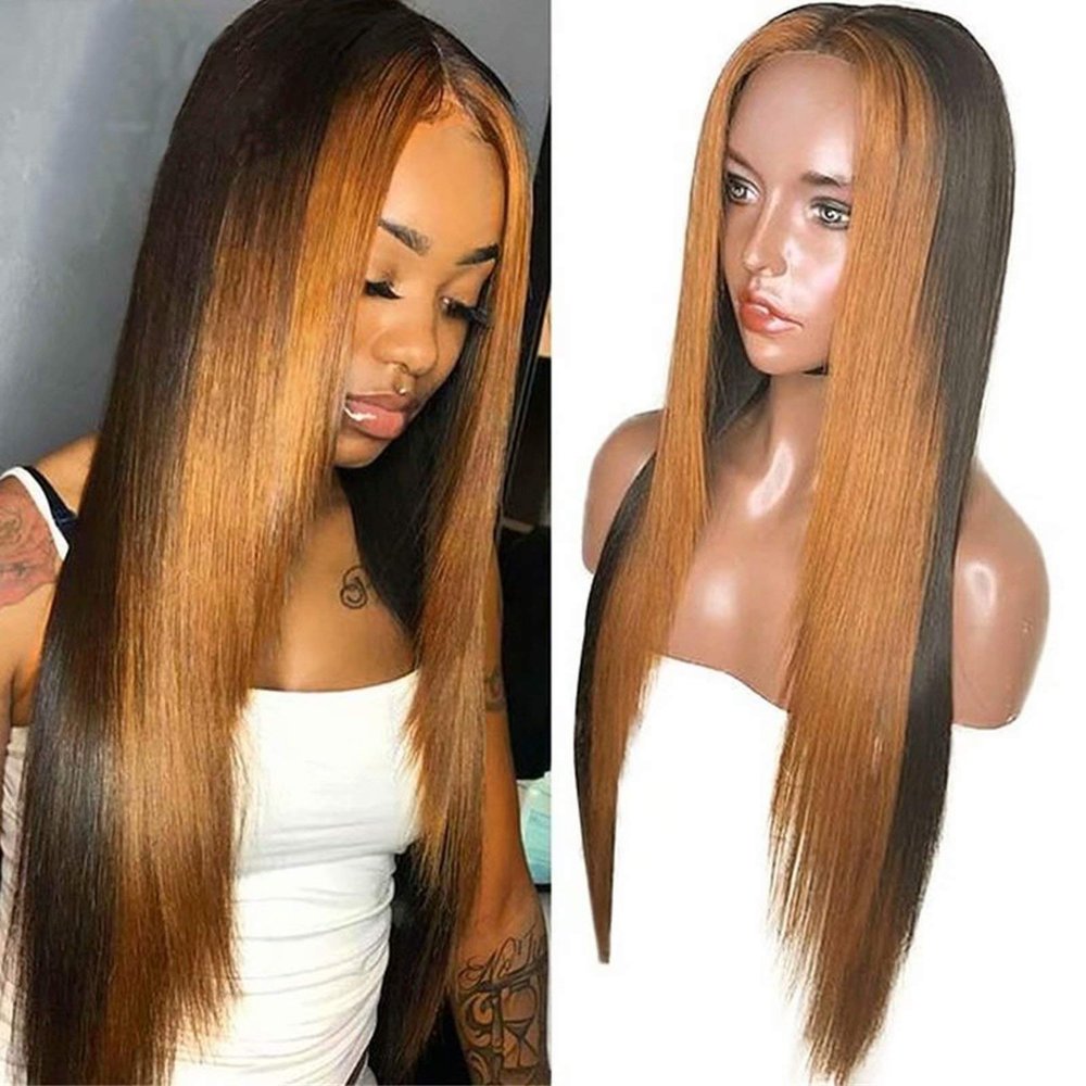 13x6 HD Lace Front Wig Ombre Highlight #1B/30 Lace Front Human Hair Wig Straight Natural Hairline Wigs With Baby Hair Glueless Pre Plucked 150% Density For Black Women Daily Wear 20 Inch