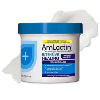 AmLactin Intensive Healing - Therapeutic Body Cream for Extremely Dry Skin - No-Scrub Exfoliator and Body Moisturizer Cream with 15% Lactic Acid AHA and Ceramides, 12 oz (Packaging May Vary)