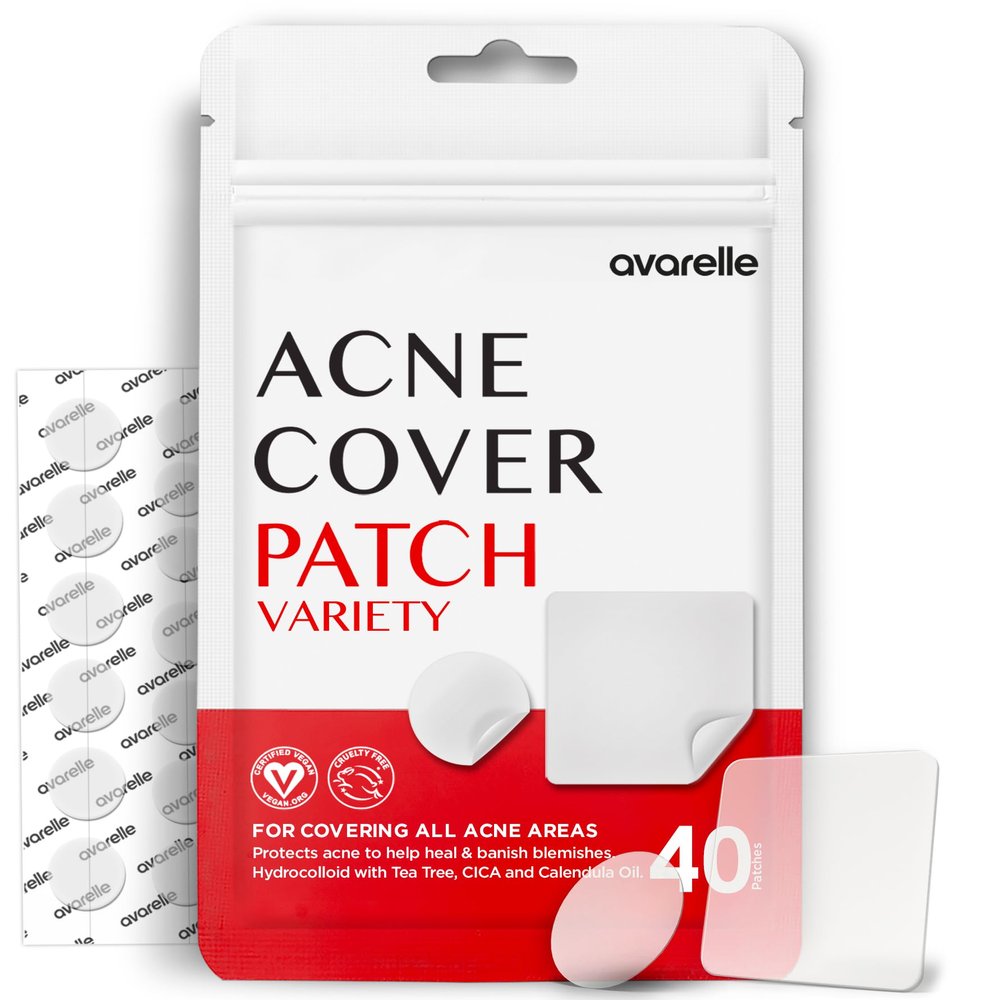 AVARELLE Acne Pimple Patch (40 Count) Absorbing Hydrocolloid Spot Treatment with Tea Tree Oil, Calendula Oil and Cica, Certified Vegan, Cruelty Free (VARIETY / 40 COUNT)