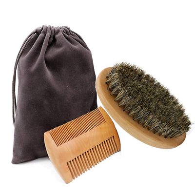 ALIQI Men Wood +Boar Hair Round Beard Brush Hair Comb for Mustache Conditioning Styling Comb Kit With Gift Bag Beard Hair Comb Set Tool