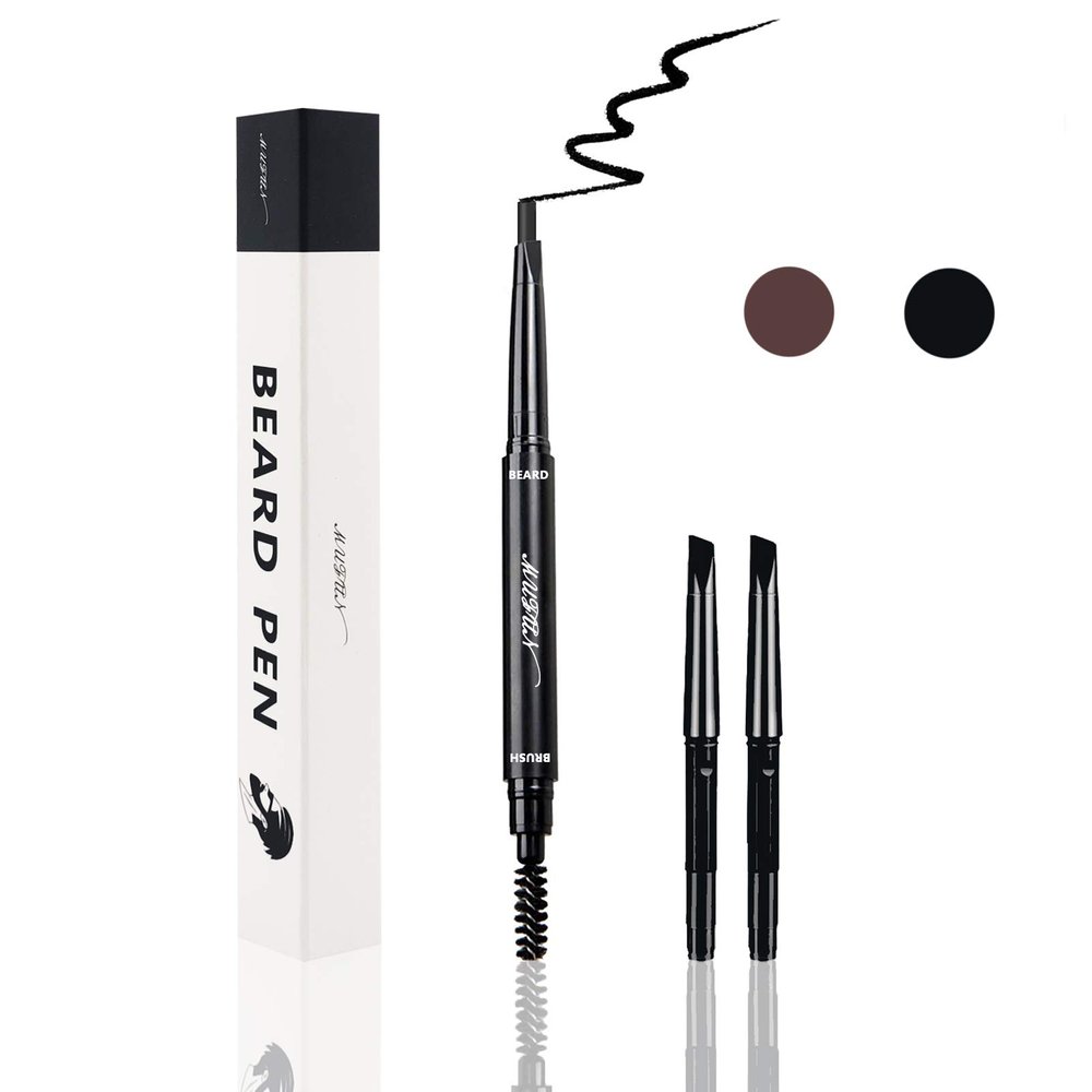 Beard Pencil Filler for Men - Water Resistant, Sweat Proof, Long Lasting & Natural Finish Barber Pencil, Mustache Repair Shape, Two Replacement Tips (Black)