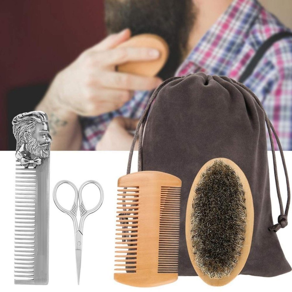 ALIQI Men's Beard Brush Boar Bristle Mustache Shaving Comb Brush Hair Cleaning Brushes Beech Wood Handle Comb Cleaning Care Kit