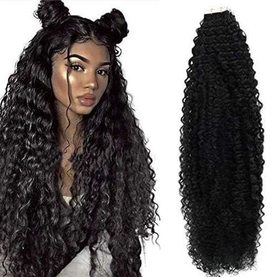 Long Kinky Curly Tape in Human Hair Extension Mongolian Remy Small Curly Hair Tapes In Skin Wefts invisible Human Hair 40pcs/Lot (22inch 40Pcs, #4(Dark Brown))