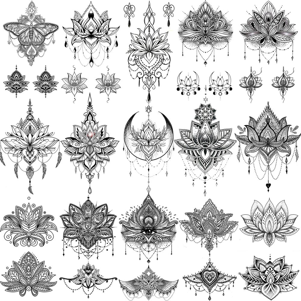 EGMBGM 15 Sheets Sexy Black Lotus Temporary Tattoos For Women Wedding Brides, Tribal Fake Jewelry Pendant Lace Moon Moth Flowers Temp Tattoos Temporary Sticker For Girls Arm Neck Hands Tatoos Jewels