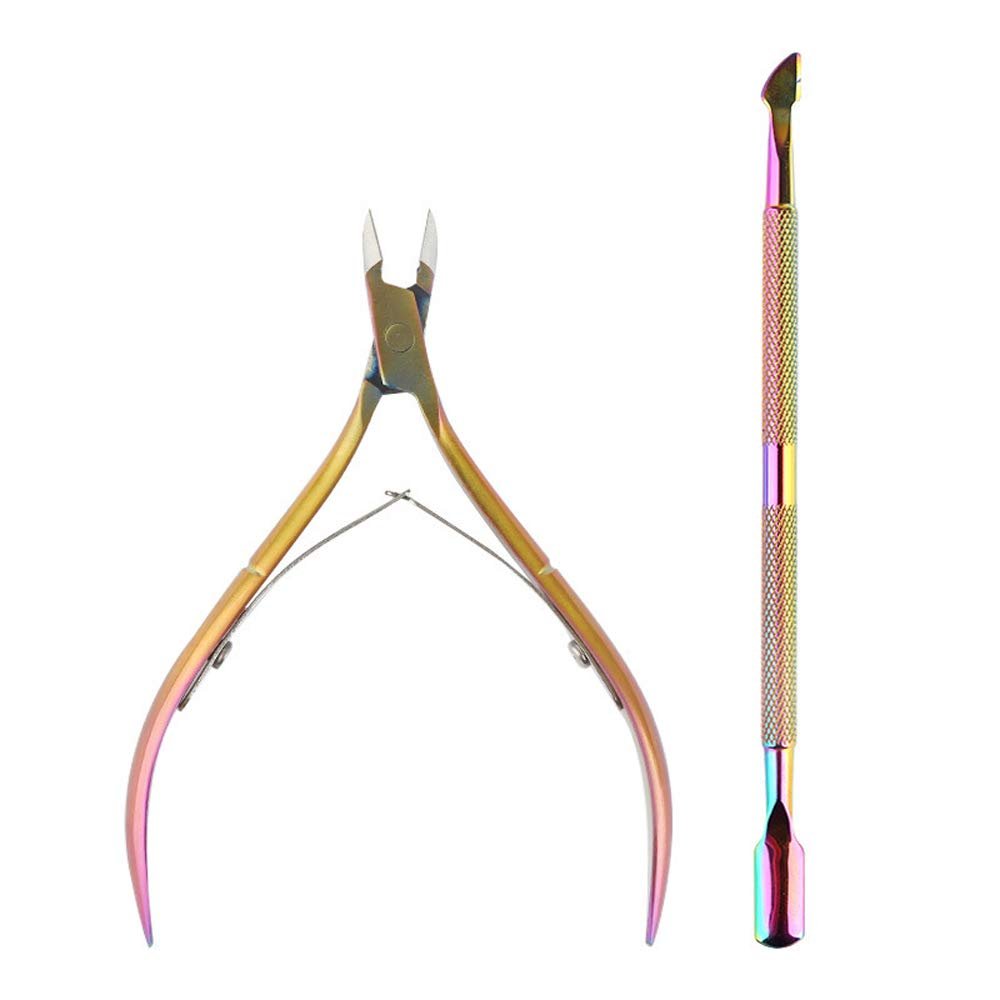 2Pcs/Set Stainless Steel Nail Art Cutter Scissor 2 Ways Cuticle Clipper Pusher Dead Skin Remover Kit Manicure Pedicure Tools Sanding Kit Cuticle Pusher Nipper Scissor (2pcs rainbow)