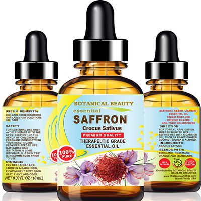 Botanical Beauty Saffron Oil (Kesar) Crocus Sativus Essential Oil 100% Natural for Face, Skin, Body, Hair, Nail Care, Dried and Damaged Skin, Aromatherapy 0.33 Fl Oz - 10 ml