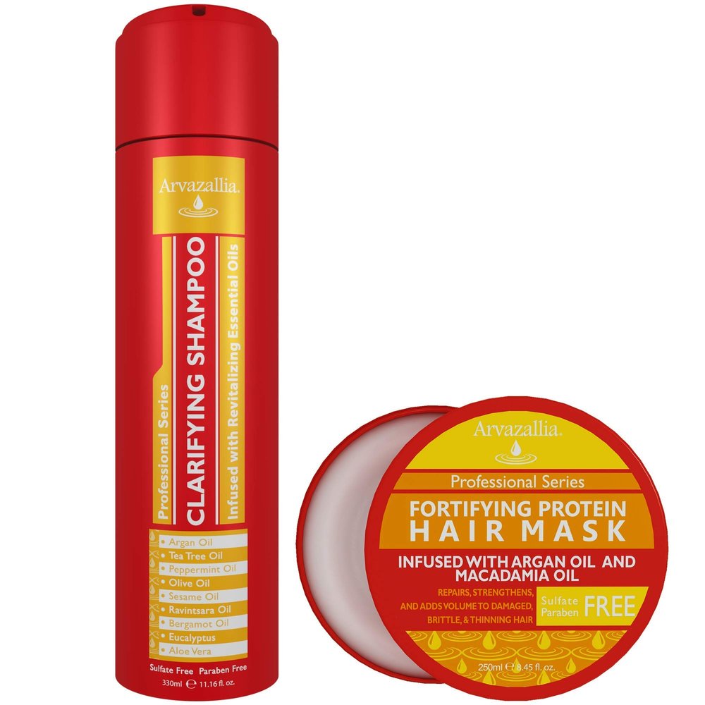 Arvazallia Fortifying Protein Hair Mask and Clarifying Shampoo with Revitalizing Essential Oils Bundle - Professional Detoxifying Shampoo and Deep Conditioner Treatments For Dry or Damaged Hair