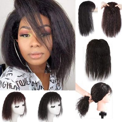 Ubrand 3.15"x4.72" Fluffy Curly Hair Topper Kinky Straight Human Hair Topper with Bangs Top Hairpiece Clip in Topper Wiglets Topper Hair Piece for Women with Thinning Hair 14" Natural Black