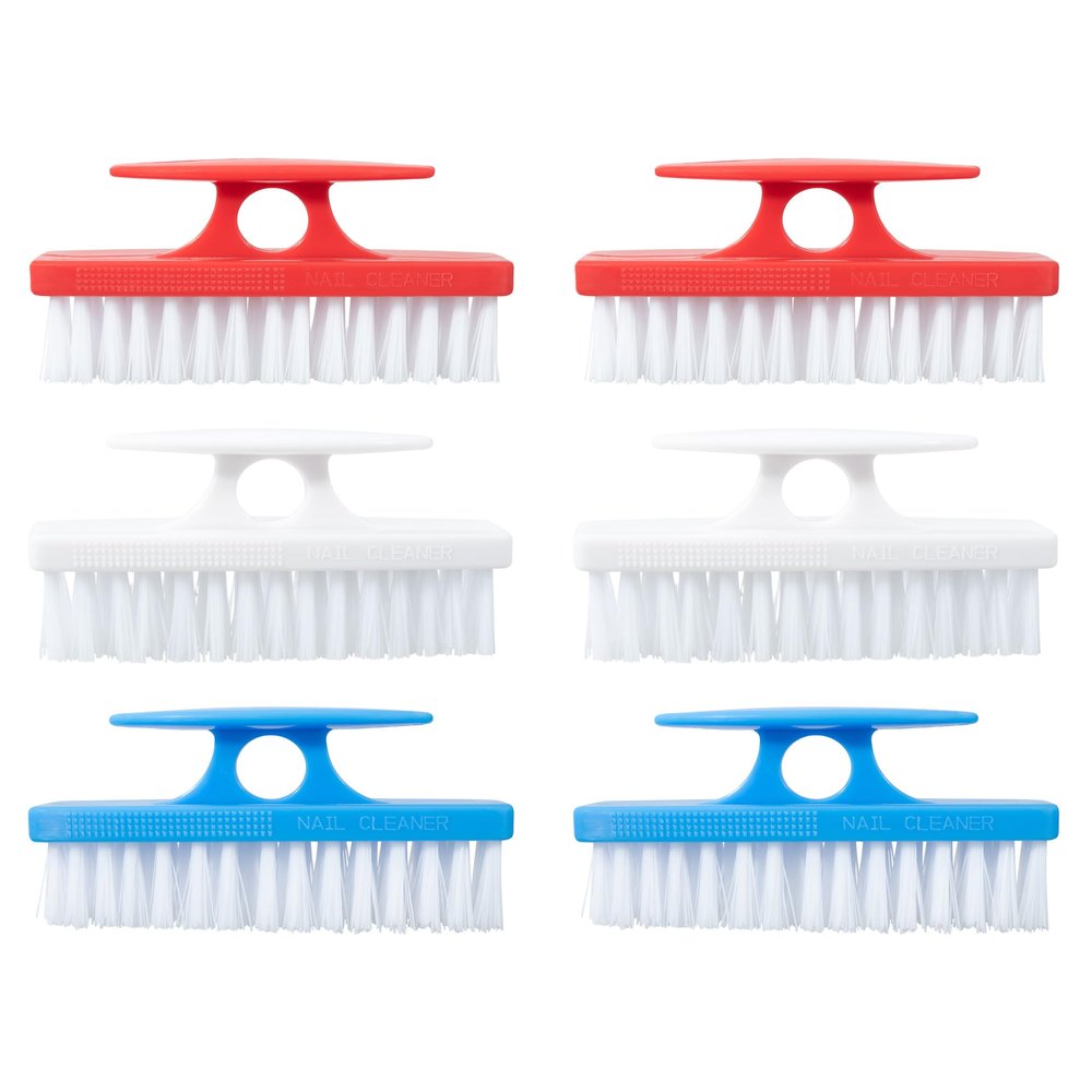 Superio Nail Brush Set (6 Pack) Cleaner with Handle, Durable Brush Scrubber to Clean Toes, Fingernails, Hand Scrubber All Surface Cleaning, Heavy Duty Scrub Brush Stiff Bristles (Red- White- Blue)