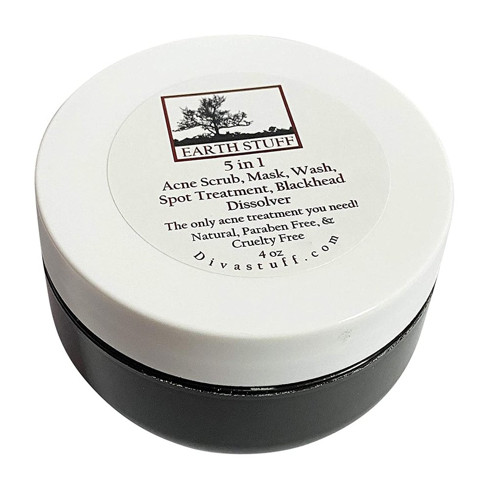 Earth Stuff 5 in 1 Acne Scrub, Mask, Wash, Spot Treatment And Black Head Dissolver, For Cystic, Severe and Mild Acne, 4oz Jar By Diva Stuff