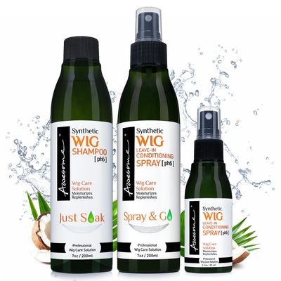Awesome Synthetic Wig Shampoo & Leave in Conditioner Spray, pH6, Replenishes & Easy Combing, Contains Coconut Oil (Premium Set of 3)
