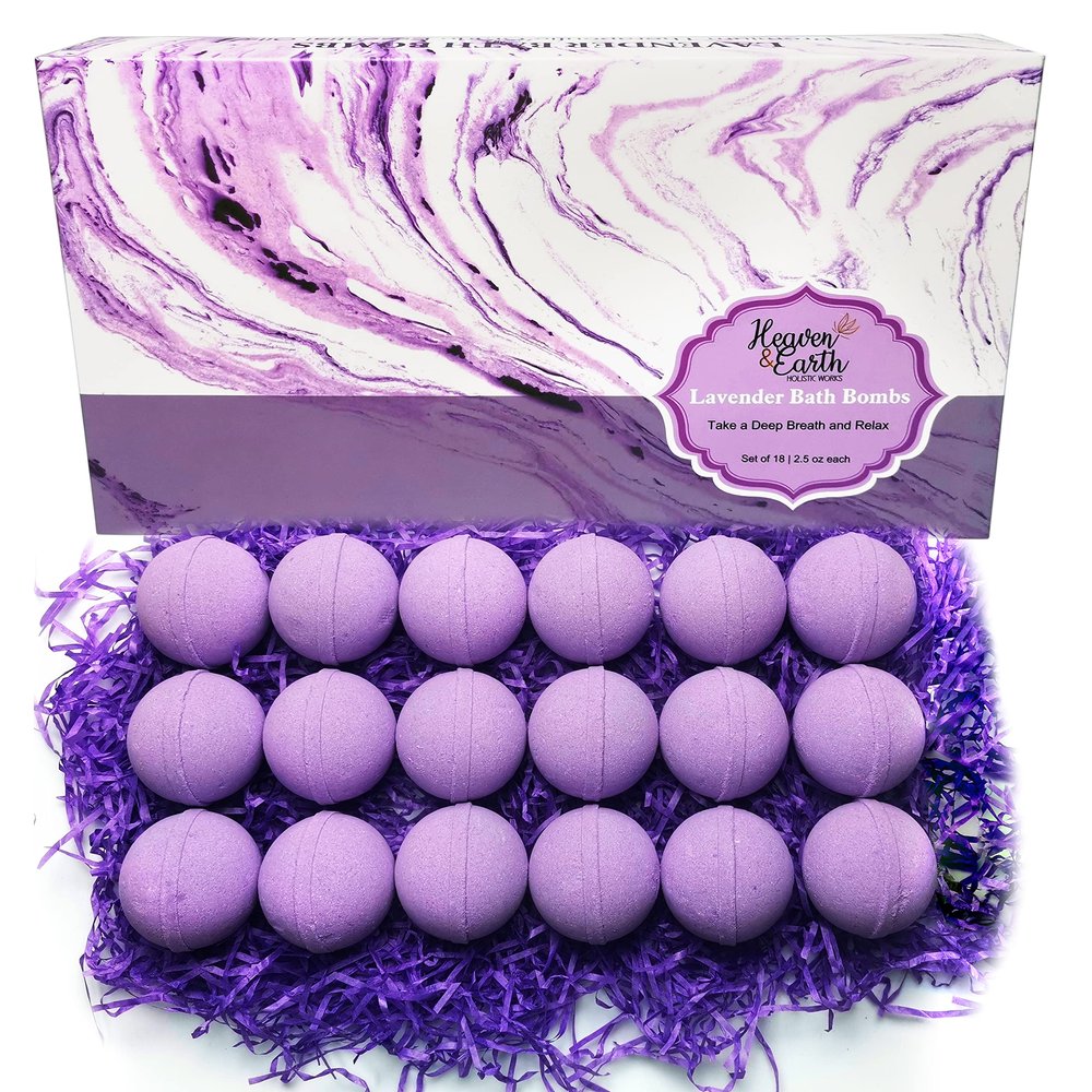 Lavender Bath Bombs Gift Set for Men & Women. 18 Individually Wrapped Bath Bombs with Organic Ingredients & Essential Oils. Relaxing Natural Bath Balls