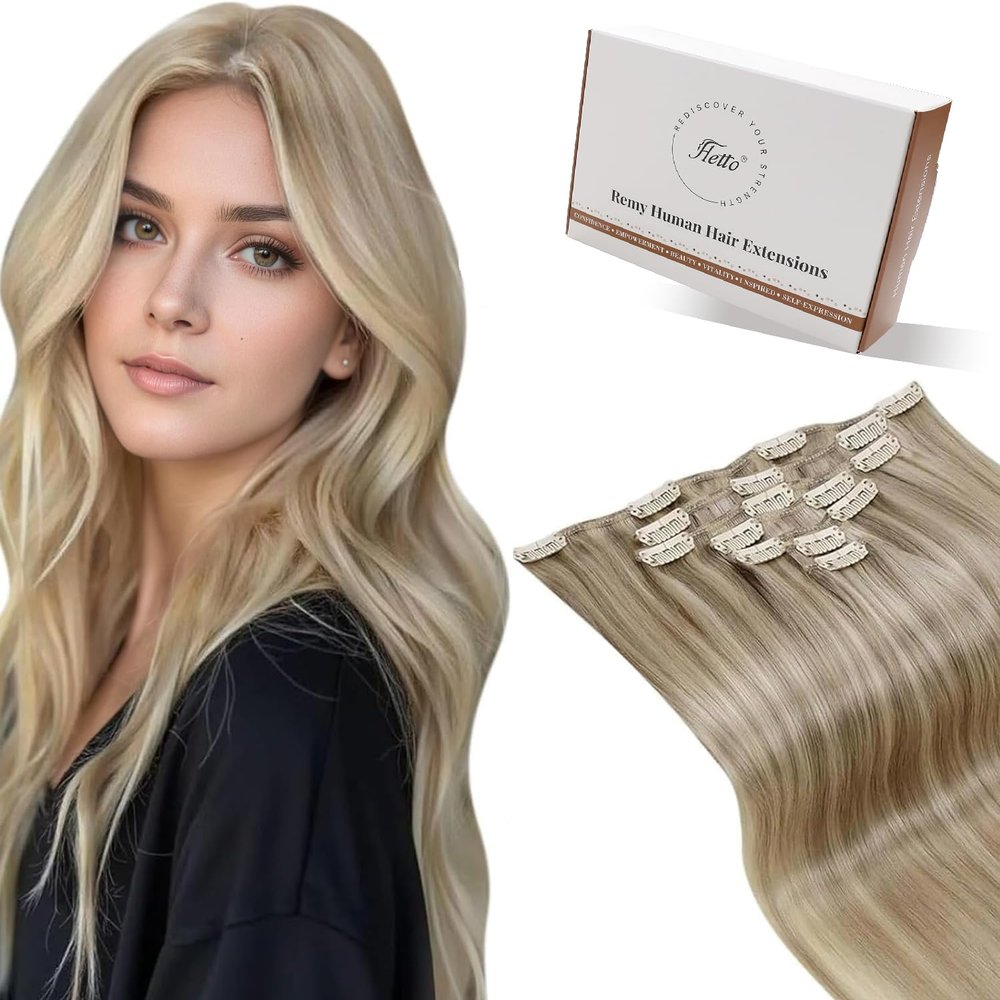 Hetto Blonde Extensions Clip in Human Hair Highlights Clip in Extenisons Human Hair Dark Ash Blonde Mix Light Blonde Full Head 16 Inch 7pcs 120g