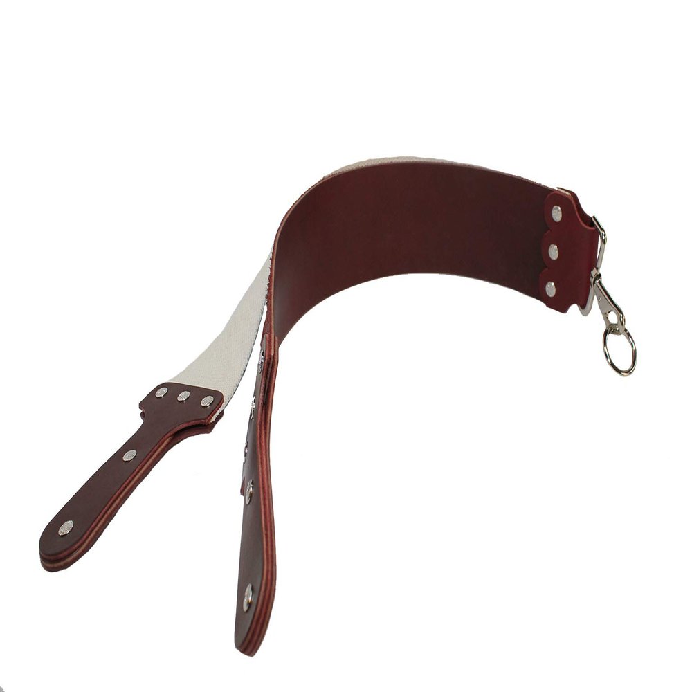Mountain Mike burgundy Latigo Shaving Strop with 6 piece latigo handle