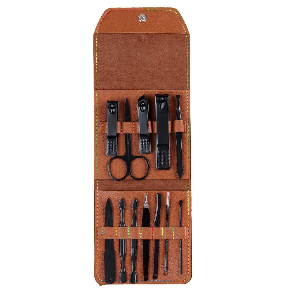 12PCS Stainless Steel Pedicure Nail Clipper Set Professional Manicure Beauty Tools Kit Cuticle Eagle Hook Tweezer - (Color: Brown)