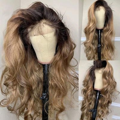 13x4 HD Lace Front Wig Ombre Highlight #1B/27 Lace Front Human Hair Wig Body Wave Pre Plucked 150% Density Natural Hairline Wigs With Baby Hair Glueless For Black Women 18 Inch
