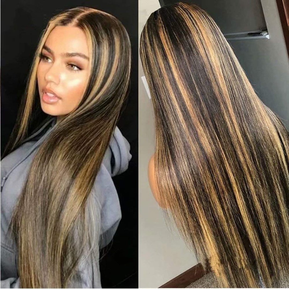 13x6 HD Lace Front Wig With Baby Hair Straight Wig #1B/27/30 Colored Ombre Honey Blonde Highlights Human Hair Wig Pre Plucked 150% Density Glueless For Black Women 24 Inch