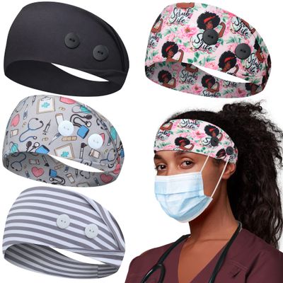 ABAMERICA Headbands with Button for Mask, Wide Nurses Headbands Non Slip Elastic Ear Protection for Women Men Doctors Sweatband Headband (BUTTON- 4 PACK COLOR04)