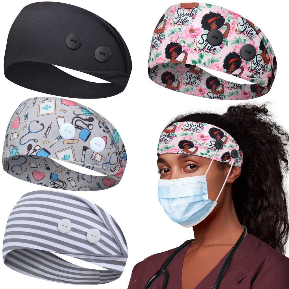 ABAMERICA Headbands with Button for Mask, Wide Nurses Headbands Non Slip Elastic Ear Protection for Women Men Doctors Sweatband Headband (BUTTON- 4 PACK COLOR04)
