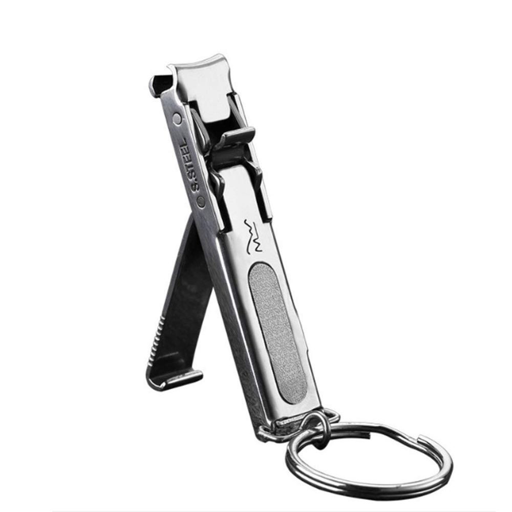 AKOAK 1 Pack Stainless Steel Folding Nail Clippers with Key Clasp Steel Pushing Nail File Mini Thin Nail Clippers Portable Nail Clipper Manicure Tools