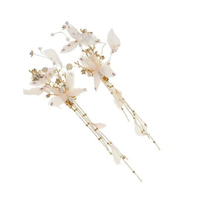 2pcs Rhinestone Flower Hair Clips Elegant Tassel Fairy Headwear Chinese Elements Hairpins Bridal Accessories for Women Girls Pink