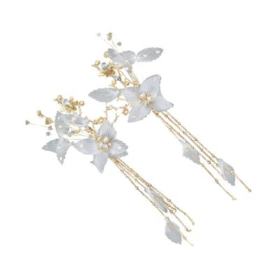 2pcs Rhinestone Flower Hair Clips Elegant Tassel Fairy Headwear Chinese Elements Hairpins Bridal Accessories for Women Girls White
