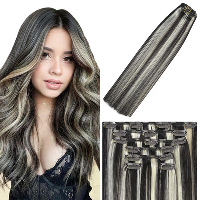 WindTouch Clip in Hair Extensions Dark Brown to Blonde Highlights For Women 20Inch Soft Human Remy Hair Extensions Clip Ins #2P613 75g 7PCS