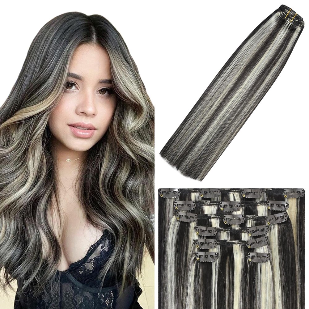 WindTouch Clip in Hair Extensions Dark Brown to Blonde Highlights For Women 20Inch Soft Human Remy Hair Extensions Clip Ins #2P613 75g 7PCS