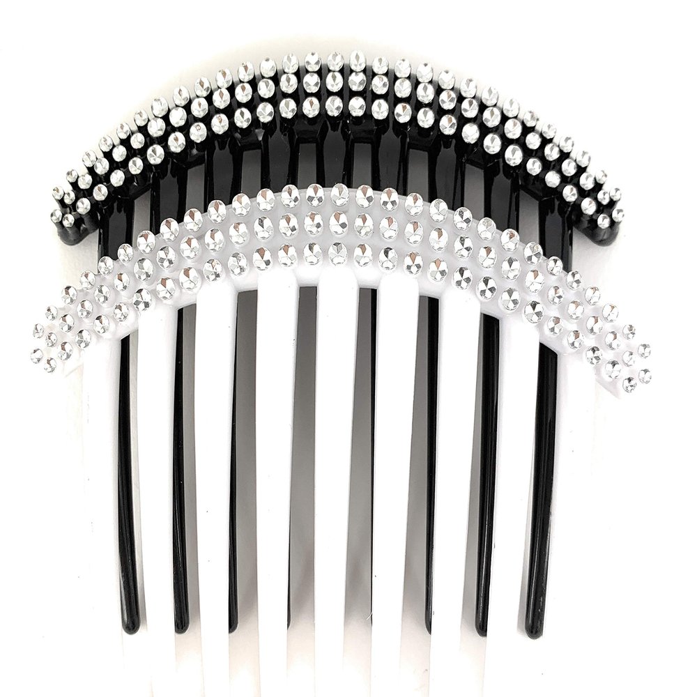 2 Black White Big Huge Hair Comb set pack Silver plastic teeth side clip 4 inches wide