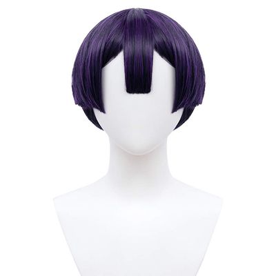 Shqncoh Anime Demon Cleric Wig Deep Purple Short Straight Party Hair Halloween Cosplay Props Accessory